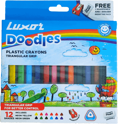 LUXOR DOODLES PLASTIC CRAYONS 12 SHADE